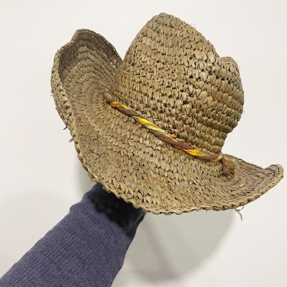ROXY Brown Straw Sun Beach Festival Hat with Braided Colorful Band S / M Cowgirl - Picture 3 of 7